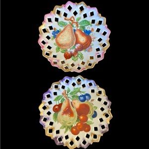 Vintage Pair of reticulated hand painted plates 7” across mint condition